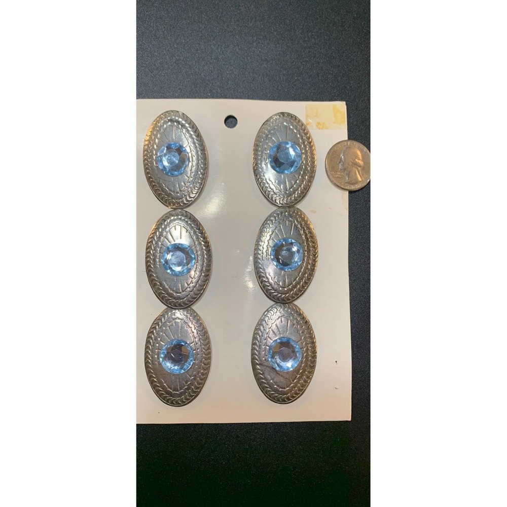 Vintage Southwestern Silver Tone Concho Button Covers With Blue Rhinestone